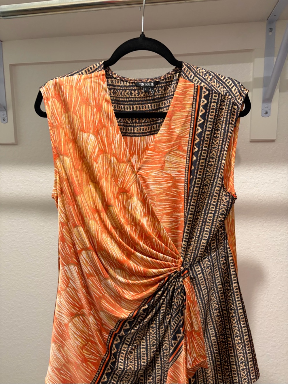 NIC+ZOE Orange and Black Patterned Knot-Front Tank